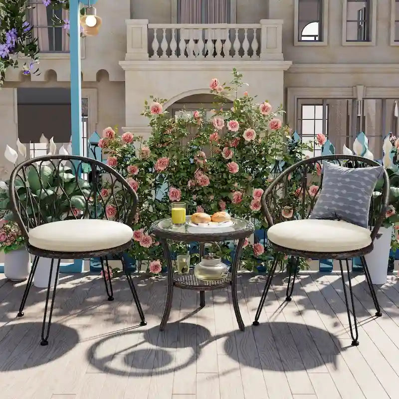 Ensemble de loisirs extérieur, 2 chaises individuelles en rotin avec 1 table ronde en verre