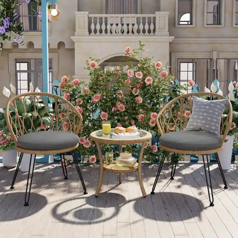 Ensemble de loisirs extérieur, 2 chaises individuelles en rotin avec 1 table ronde en verre