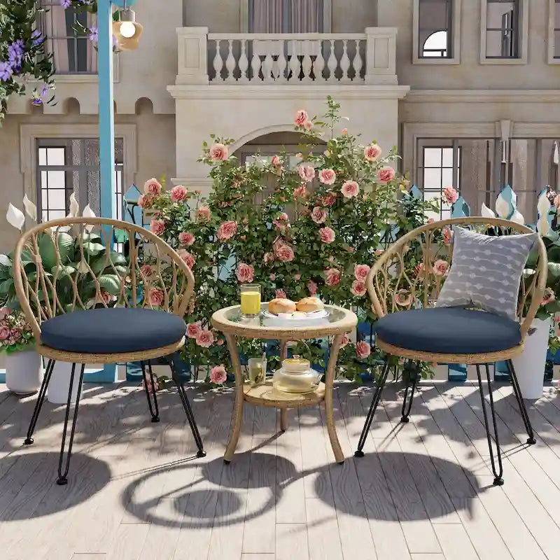 Ensemble de loisirs extérieur, 2 chaises individuelles en rotin avec 1 table ronde en verre