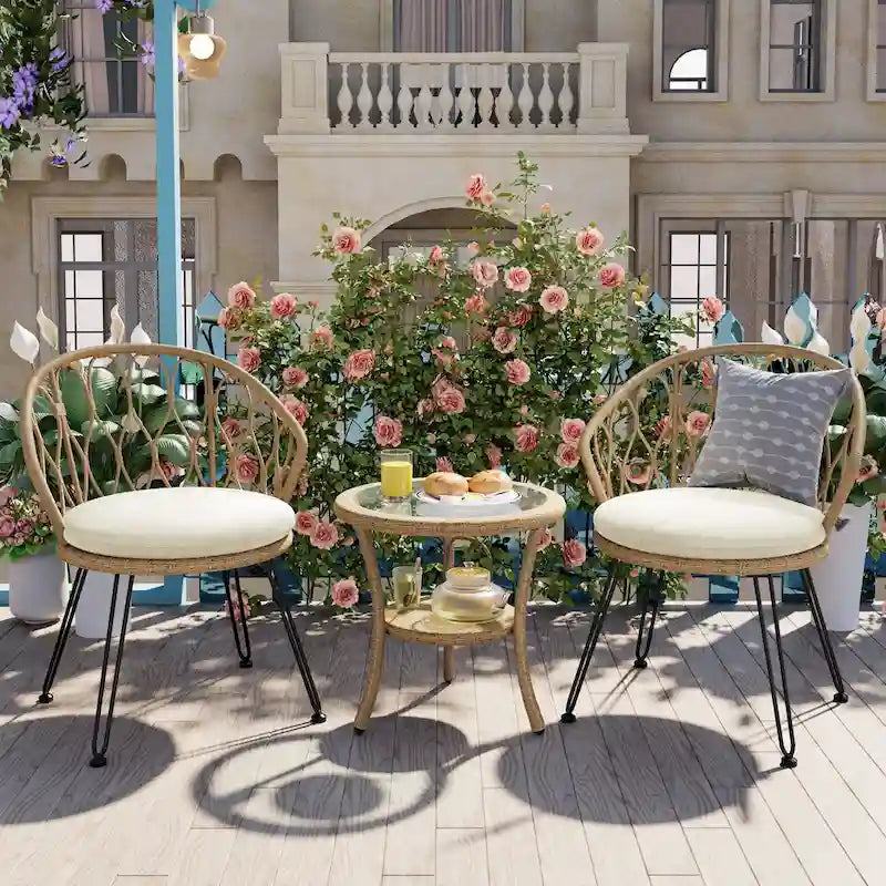 Ensemble de loisirs extérieur, 2 chaises individuelles en rotin avec 1 table ronde en verre