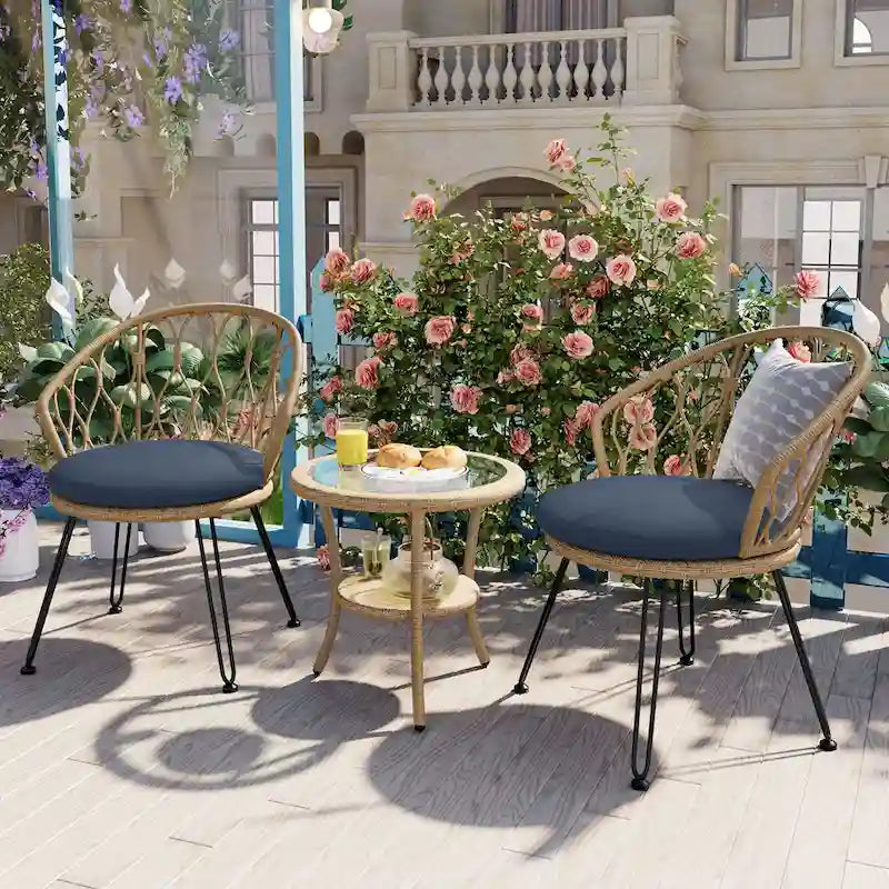 Ensemble de loisirs extérieur, 2 chaises individuelles en rotin avec 1 table ronde en verre