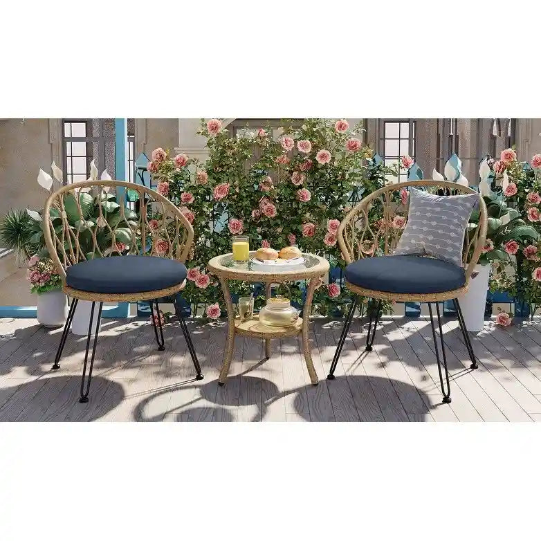 Ensemble de loisirs extérieur, 2 chaises individuelles en rotin avec 1 table ronde en verre