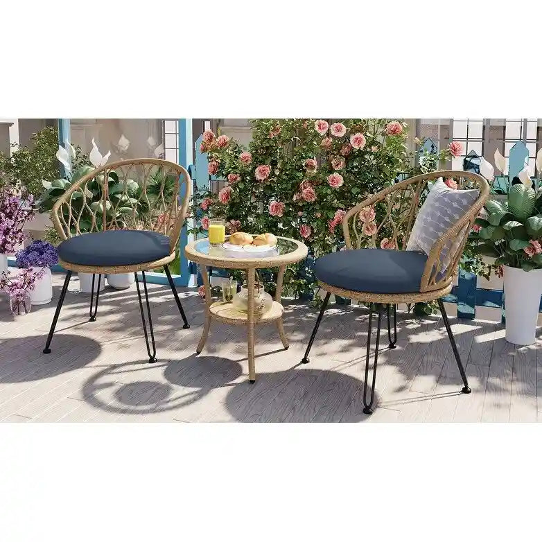 Ensemble de loisirs extérieur, 2 chaises individuelles en rotin avec 1 table ronde en verre