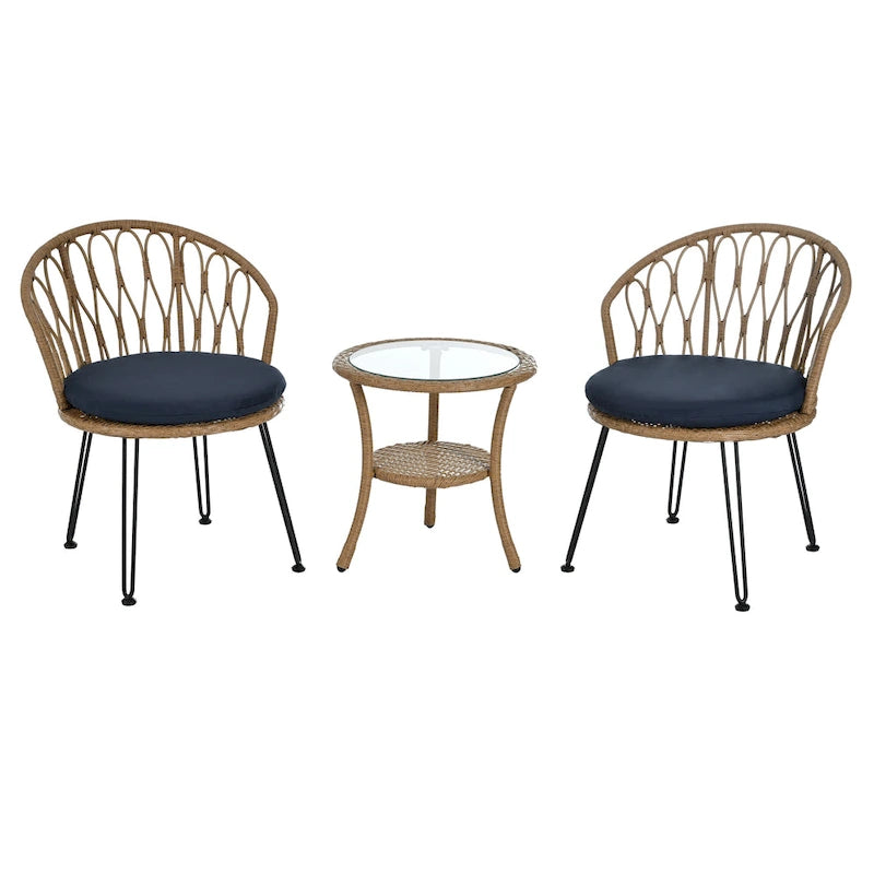 Ensemble de loisirs extérieur, 2 chaises individuelles en rotin avec 1 table ronde en verre