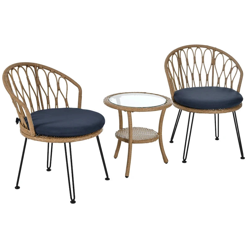 Ensemble de loisirs extérieur, 2 chaises individuelles en rotin avec 1 table ronde en verre