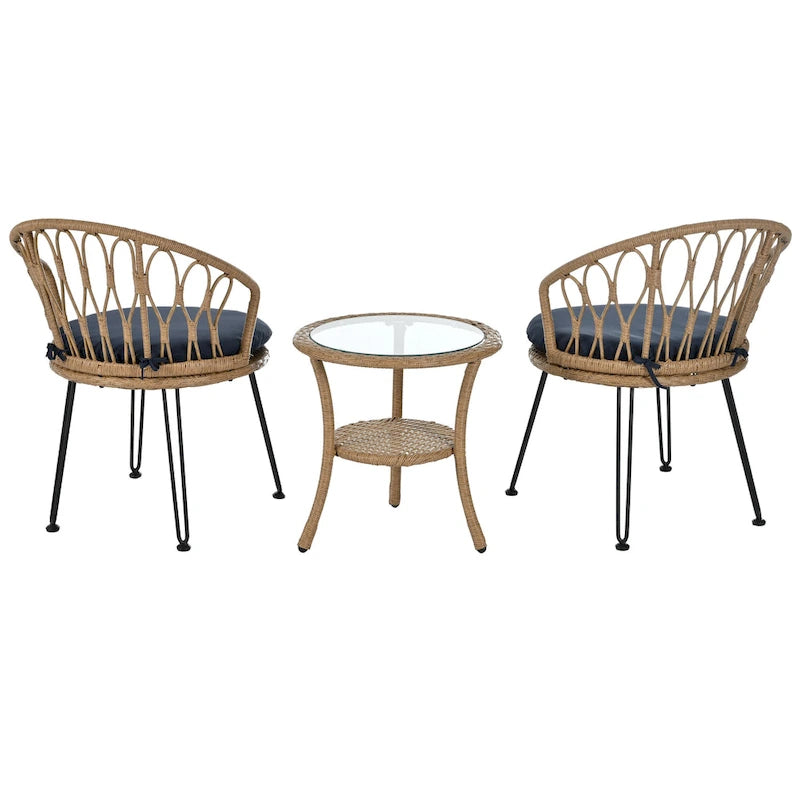 Ensemble de loisirs extérieur, 2 chaises individuelles en rotin avec 1 table ronde en verre