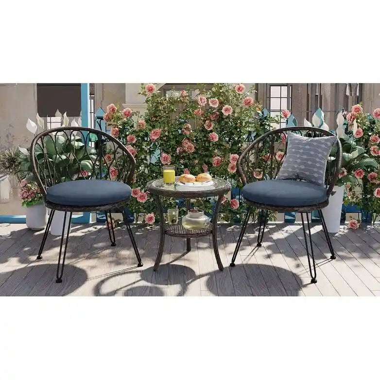 Ensemble de loisirs extérieur, 2 chaises individuelles en rotin avec 1 table ronde en verre