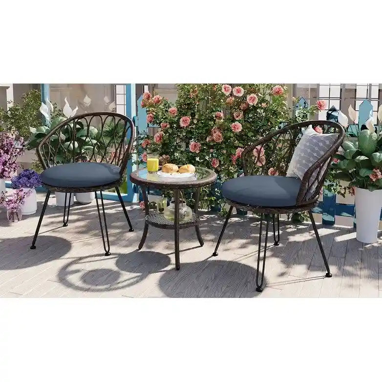 Ensemble de loisirs extérieur, 2 chaises individuelles en rotin avec 1 table ronde en verre