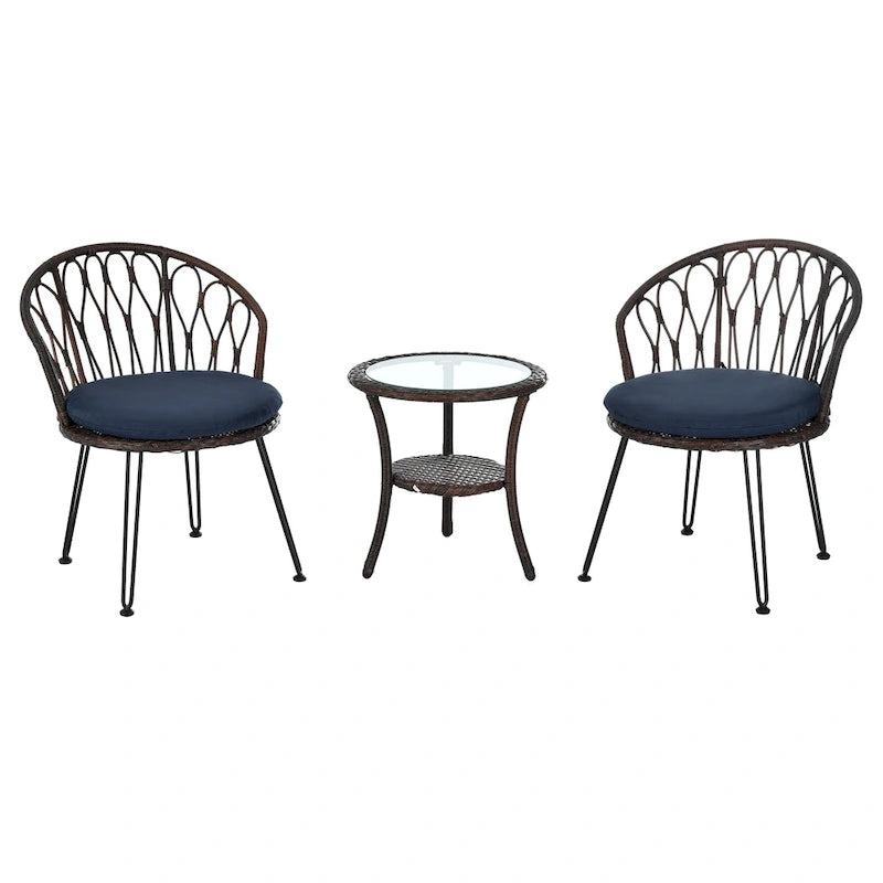 Ensemble de loisirs extérieur, 2 chaises individuelles en rotin avec 1 table ronde en verre