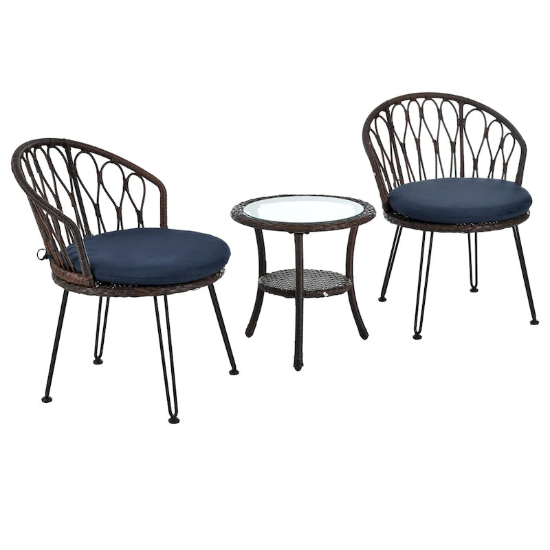 Ensemble de loisirs extérieur, 2 chaises individuelles en rotin avec 1 table ronde en verre
