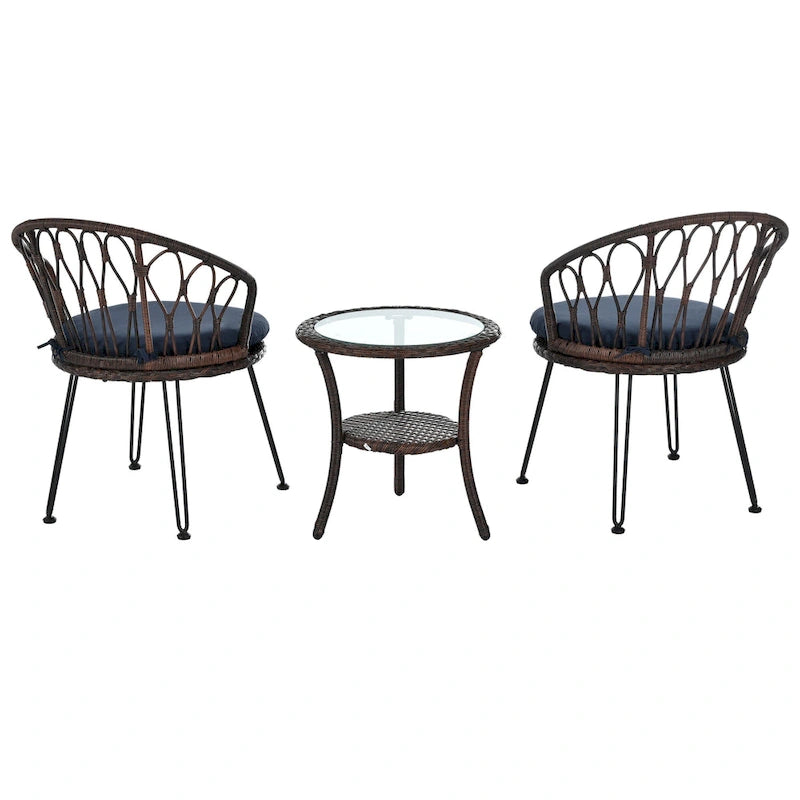 Ensemble de loisirs extérieur, 2 chaises individuelles en rotin avec 1 table ronde en verre