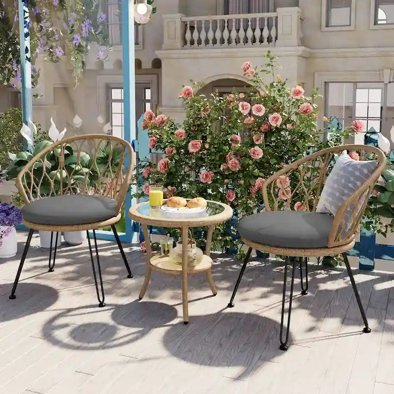 Ensemble de loisirs extérieur, 2 chaises individuelles en rotin avec 1 table ronde en verre