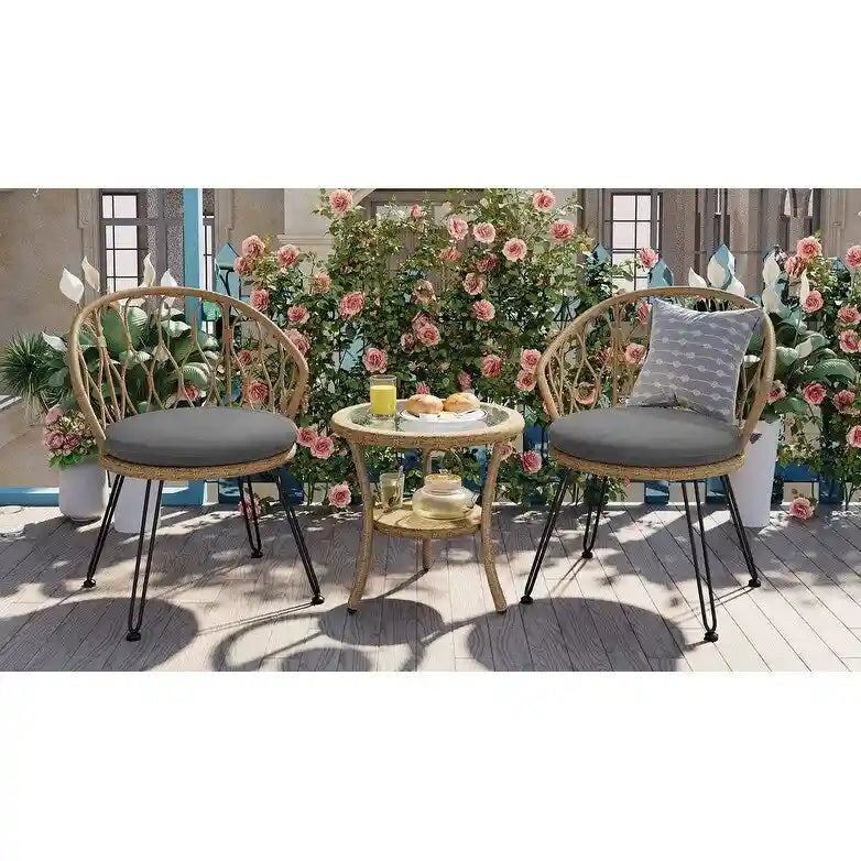 Ensemble de loisirs extérieur, 2 chaises individuelles en rotin avec 1 table ronde en verre