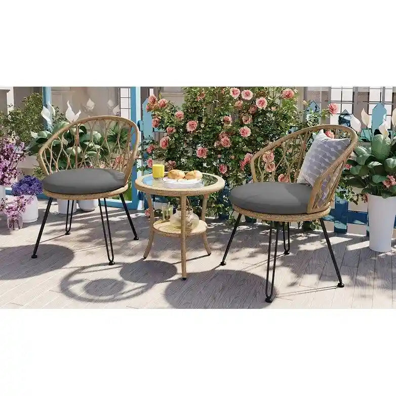 Ensemble de loisirs extérieur, 2 chaises individuelles en rotin avec 1 table ronde en verre