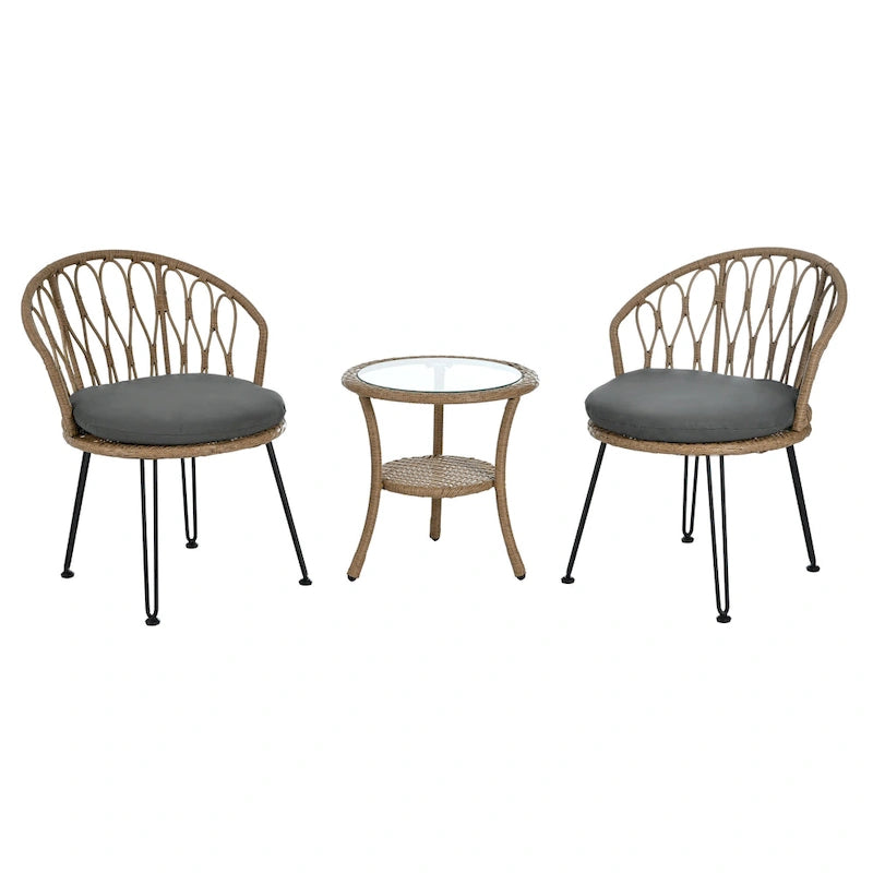 Ensemble de loisirs extérieur, 2 chaises individuelles en rotin avec 1 table ronde en verre
