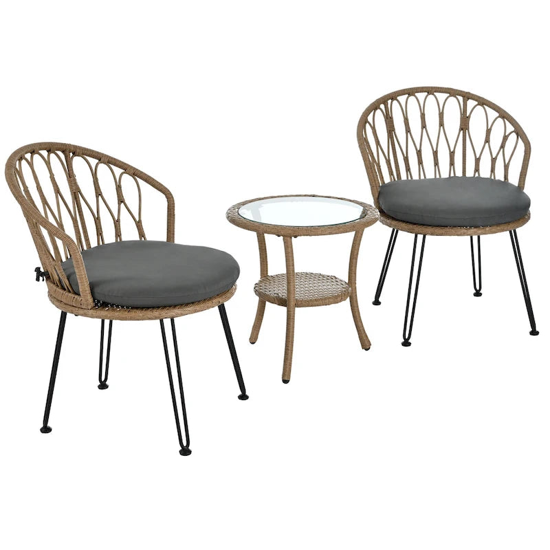 Ensemble de loisirs extérieur, 2 chaises individuelles en rotin avec 1 table ronde en verre