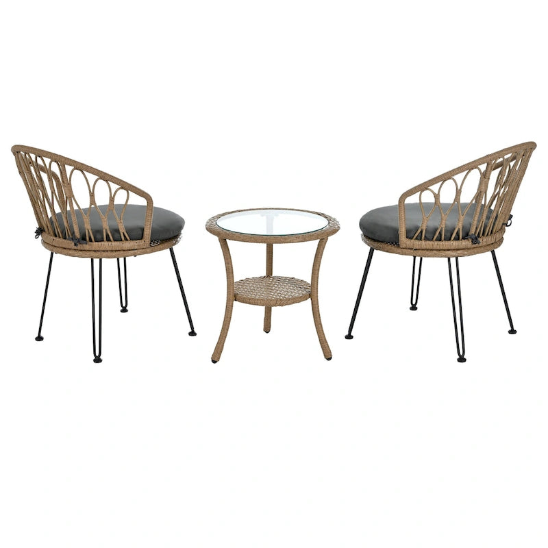 Ensemble de loisirs extérieur, 2 chaises individuelles en rotin avec 1 table ronde en verre