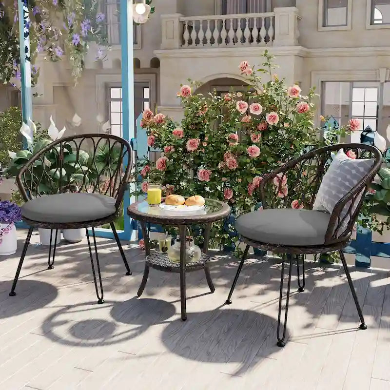 Ensemble de loisirs extérieur, 2 chaises individuelles en rotin avec 1 table ronde en verre