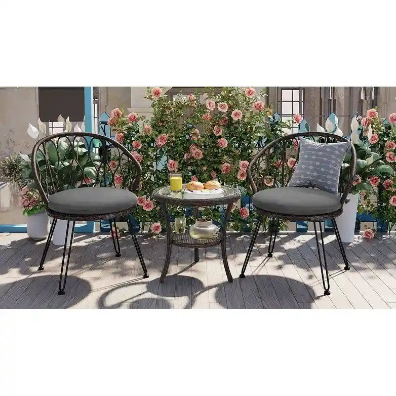 Ensemble de loisirs extérieur, 2 chaises individuelles en rotin avec 1 table ronde en verre