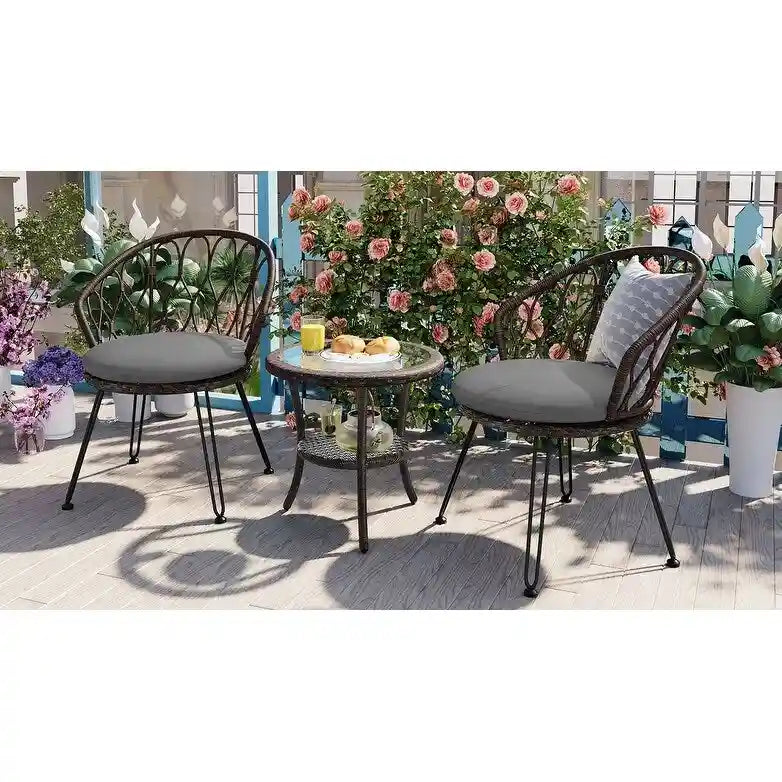 Ensemble de loisirs extérieur, 2 chaises individuelles en rotin avec 1 table ronde en verre