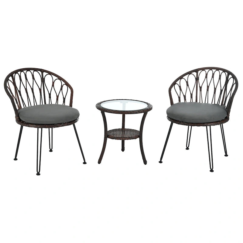 Ensemble de loisirs extérieur, 2 chaises individuelles en rotin avec 1 table ronde en verre