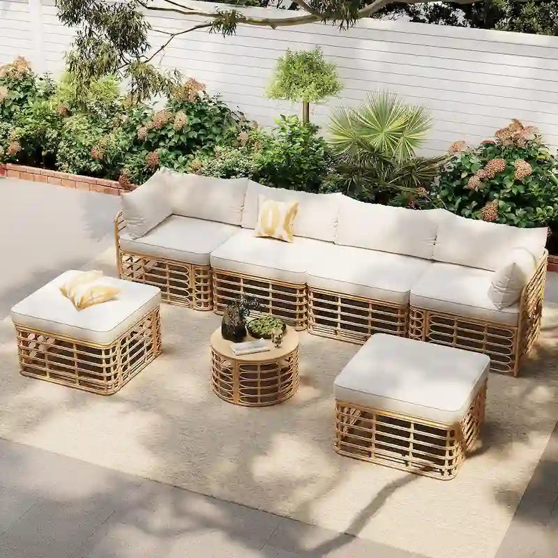 7-Pieces Patio All-Weather Rattan Sectional Sofa Set with Thick Cushions & Pillows