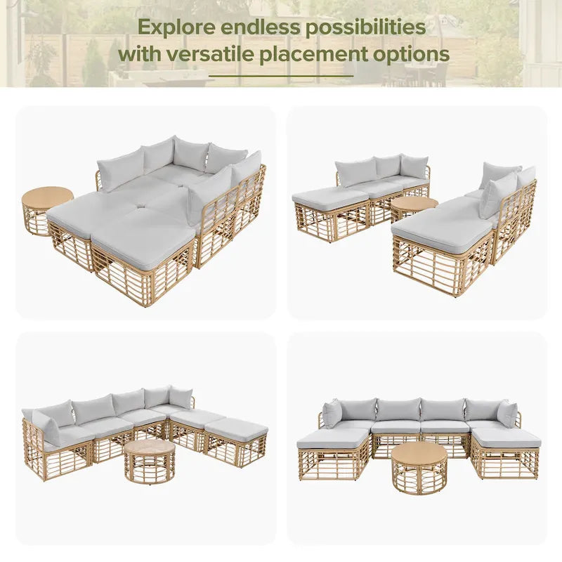 Ensemble de canapé d'angle de patio en rotin tout temps 7 pièces avec coussins épais et oreillers