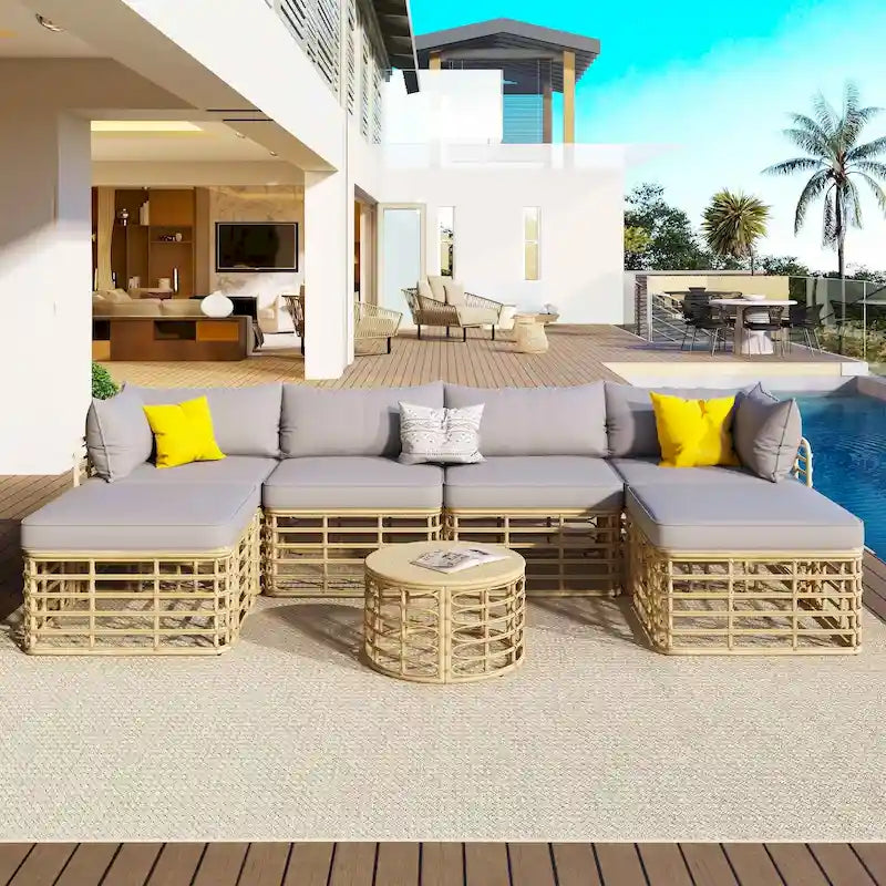 Ensemble de mobilier de jardin en rotin 7 pièces avec coussins et table basse