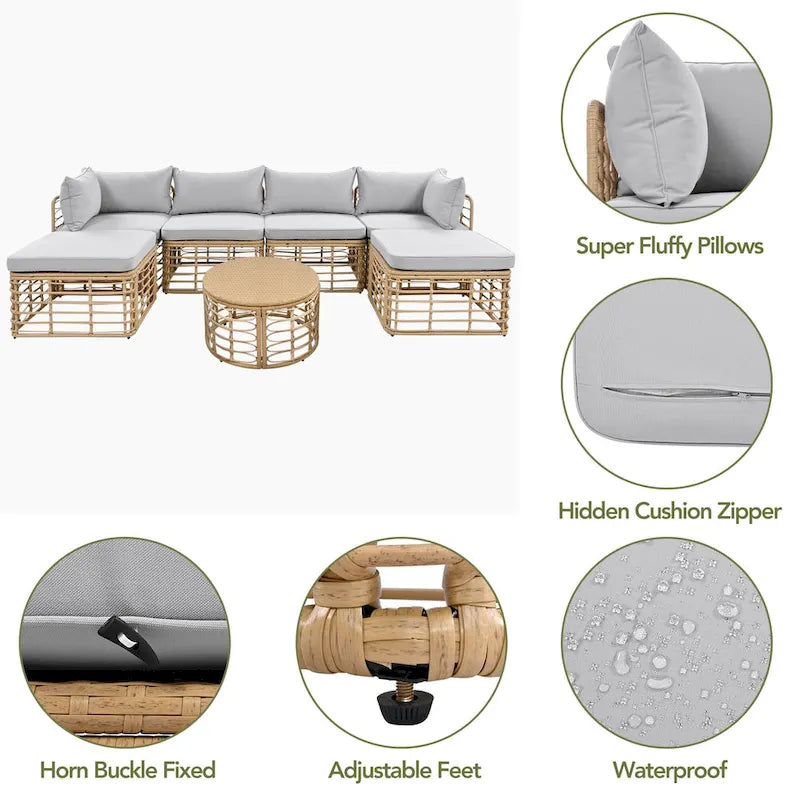 Ensemble de mobilier de jardin en rotin 7 pièces avec coussins et table basse