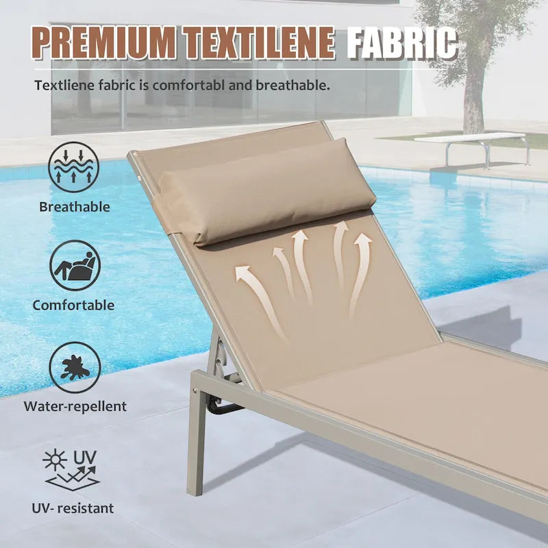 Ensemble de 3 chaises longues de patio tout temps, transats extérieurs réglables avec table d'appoint pour piscine, plage, jardin, balcon