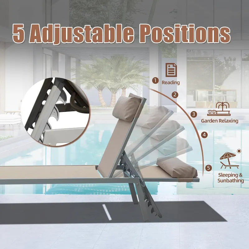 Ensemble de 3 chaises longues de patio tout temps, transats extérieurs réglables avec table d'appoint pour piscine, plage, jardin, balcon