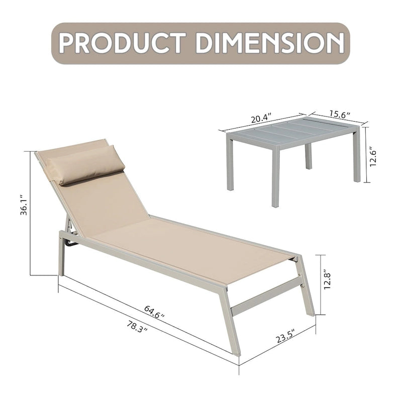 Ensemble de 3 chaises longues de patio tout temps, transats extérieurs réglables avec table d'appoint pour piscine, plage, jardin, balcon