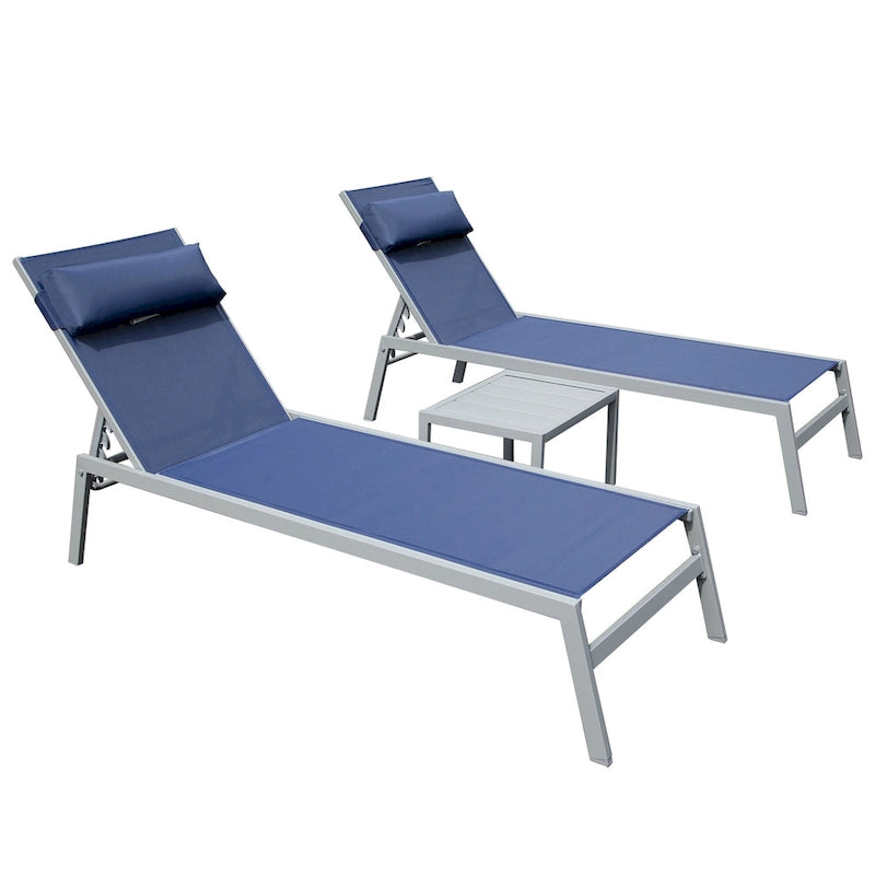 Ensemble de 3 chaises longues de patio tout temps, transats extérieurs réglables avec table d'appoint pour piscine, plage, jardin, balcon