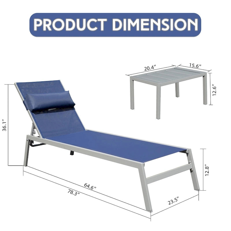 Ensemble de 3 chaises longues de patio tout temps, transats extérieurs réglables avec table d'appoint pour piscine, plage, jardin, balcon