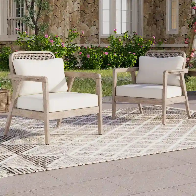 (LOT DE 2) Fauteuils de jardin en acacia, Mobilier de jardin, Coussins épais imperméables et profonds