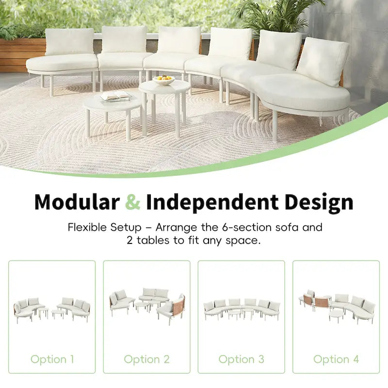 Élégant ensemble de canapé de terrasse modulaire demi-lune 8 pièces avec tables basses à niveaux