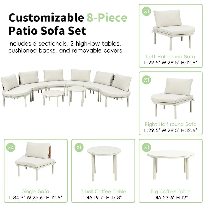 Élégant ensemble de canapé de terrasse modulaire demi-lune 8 pièces avec tables basses à niveaux