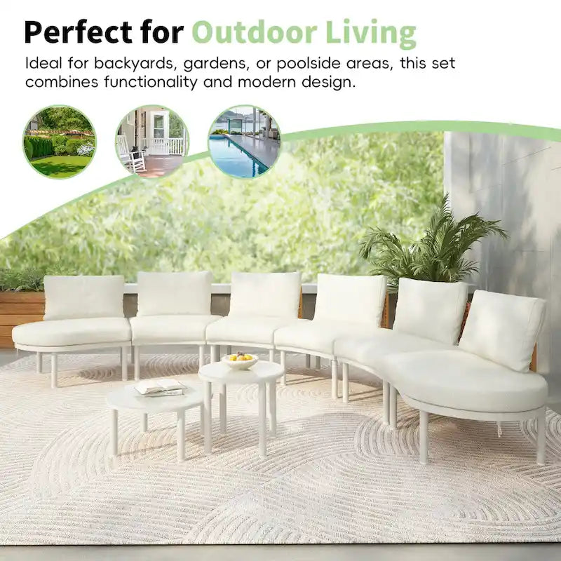 Élégant ensemble de canapé de terrasse modulaire demi-lune 8 pièces avec tables basses à niveaux