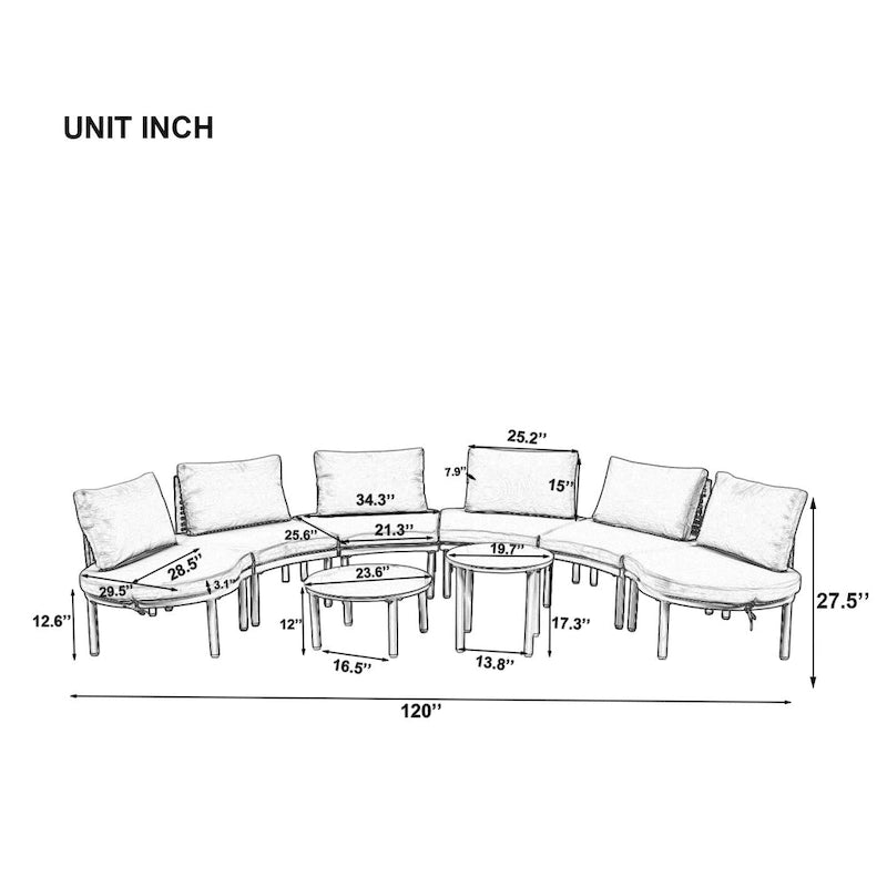 Élégant ensemble de canapé de terrasse modulaire demi-lune 8 pièces avec tables basses à niveaux