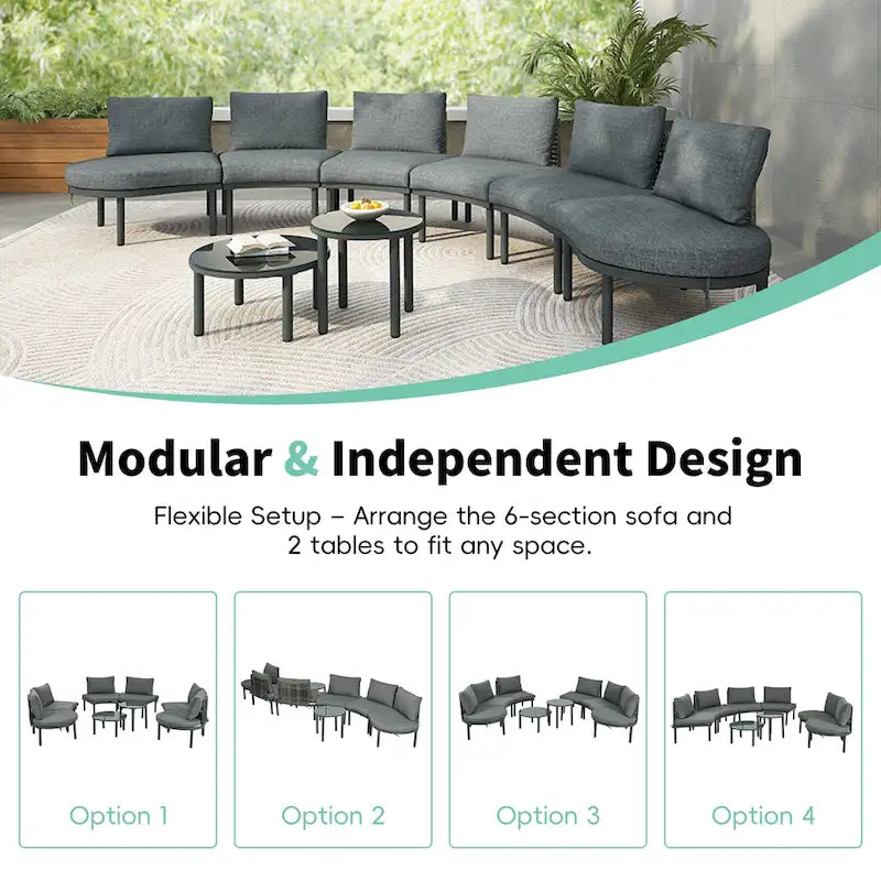 Élégant ensemble de canapé de terrasse modulaire demi-lune 8 pièces avec tables basses à niveaux