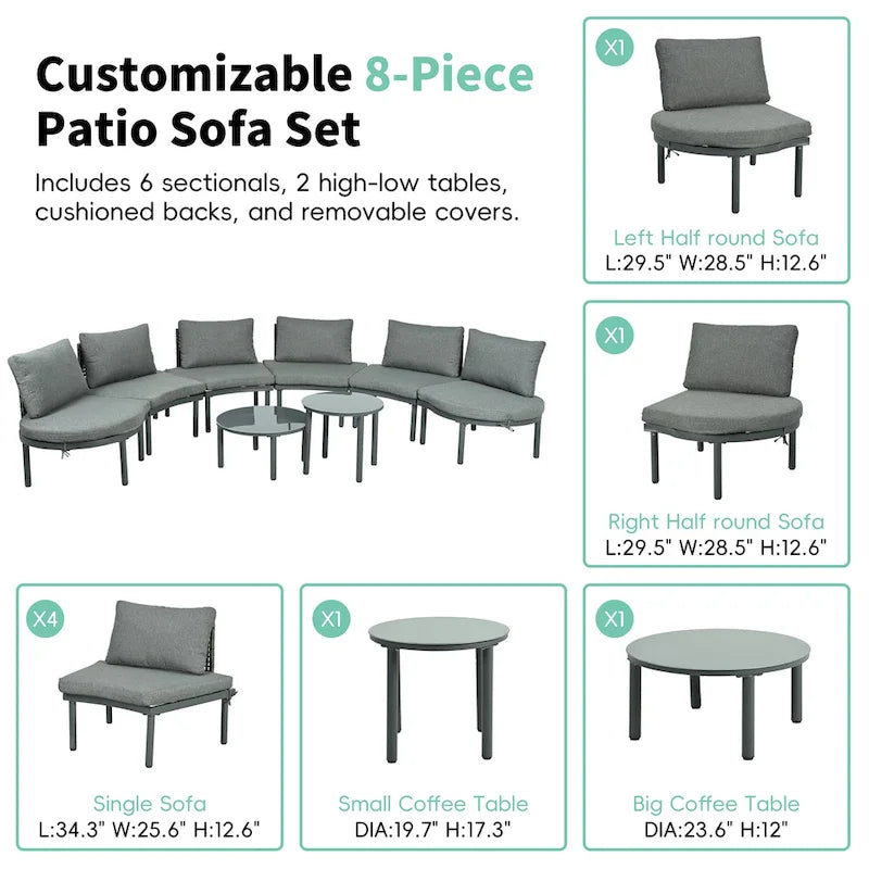 Élégant ensemble de canapé de terrasse modulaire demi-lune 8 pièces avec tables basses à niveaux