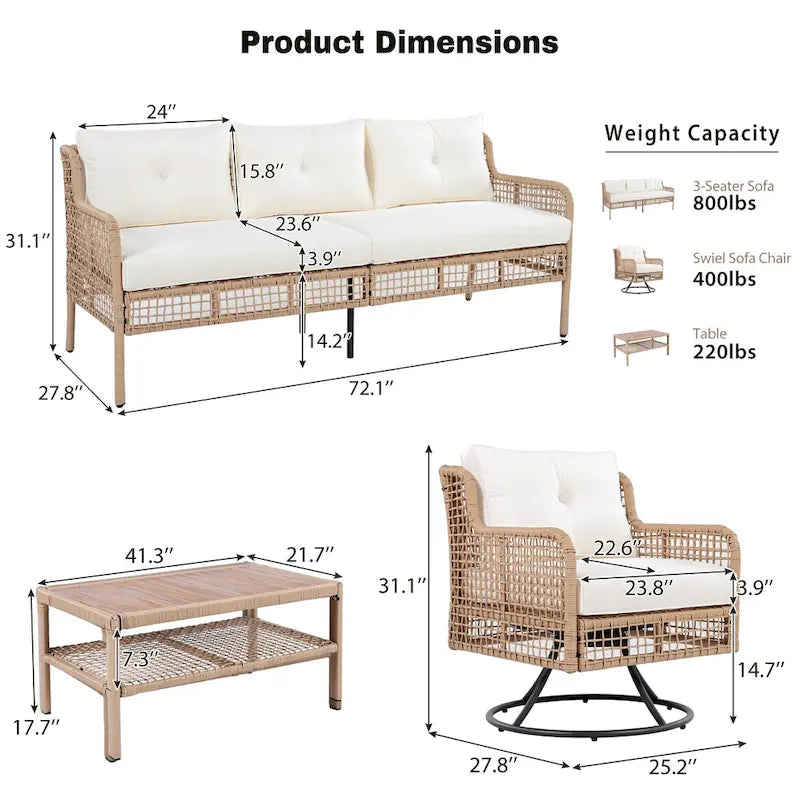 Ensemble de mobilier de jardin 4 pièces avec canapés en osier et fauteuils pivotants, 72,1" de large