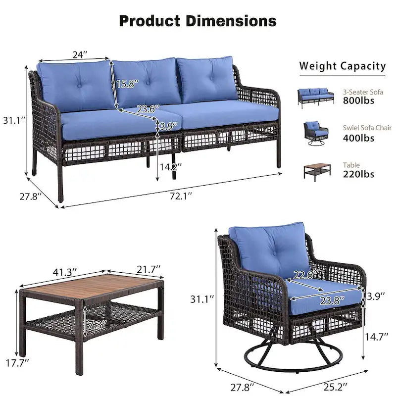 Ensemble de mobilier de jardin 4 pièces avec canapés en osier et fauteuils pivotants, 72,1" de large