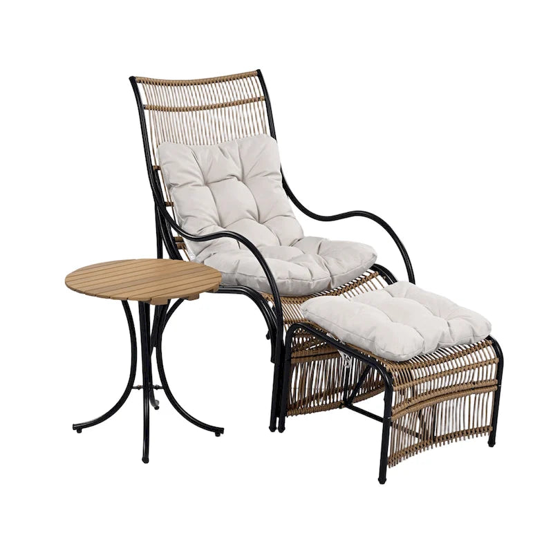 Roomfitters Ensemble de mobilier de patio en osier 3 pièces avec chaise longue, pouf et coussins pour jardin ou terrasse