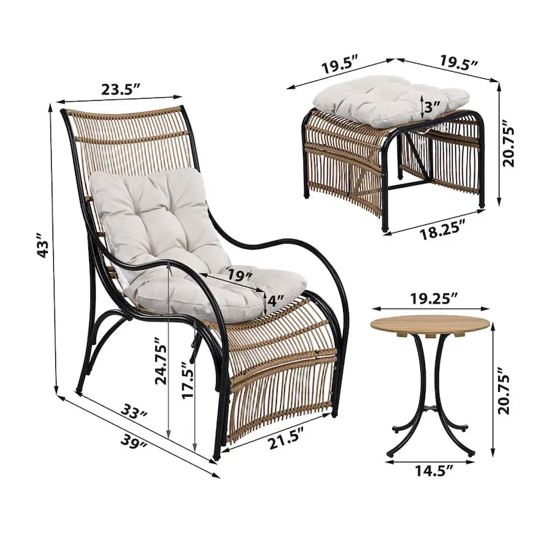 Roomfitters Ensemble de mobilier de patio en osier 3 pièces avec chaise longue, pouf et coussins pour jardin ou terrasse