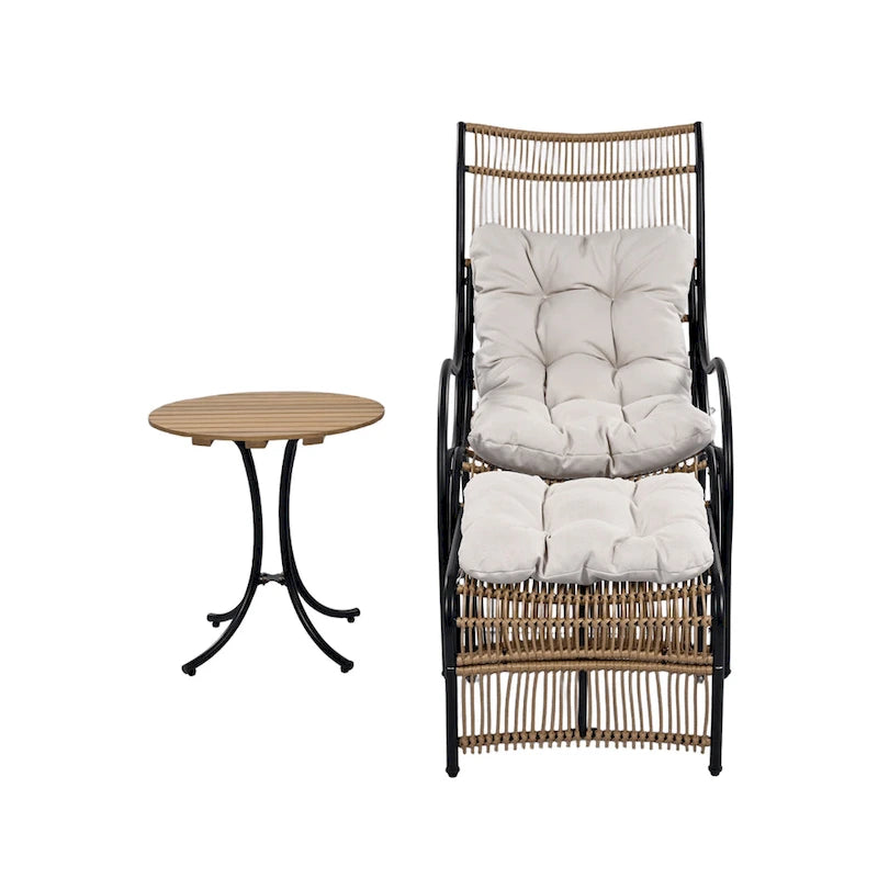 Roomfitters Ensemble de mobilier de patio en osier 3 pièces avec chaise longue, pouf et coussins pour jardin ou terrasse