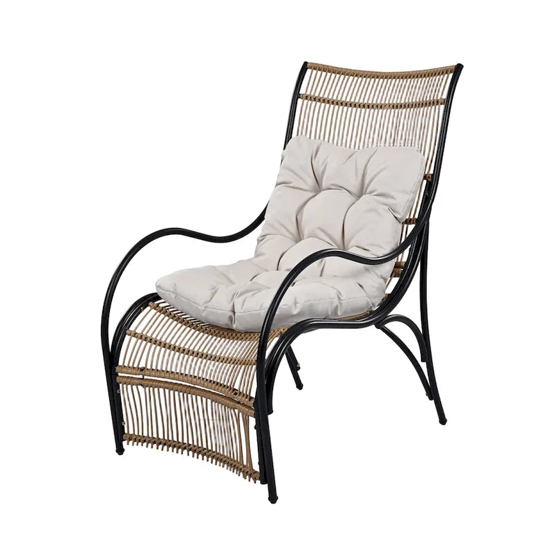 Roomfitters Ensemble de mobilier de patio en osier 3 pièces avec chaise longue, pouf et coussins pour jardin ou terrasse