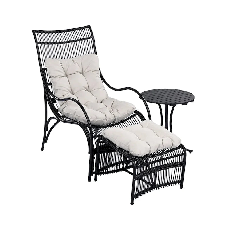 Roomfitters Ensemble de mobilier de patio en osier 3 pièces avec chaise longue, pouf et coussins pour jardin ou terrasse