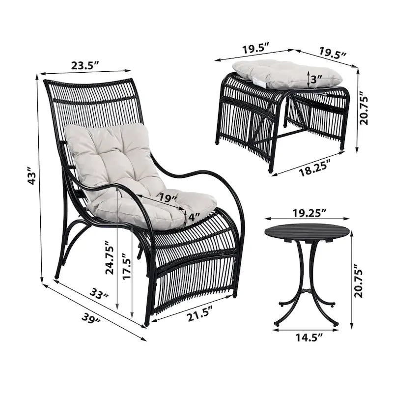 Roomfitters Ensemble de mobilier de patio en osier 3 pièces avec chaise longue, pouf et coussins pour jardin ou terrasse