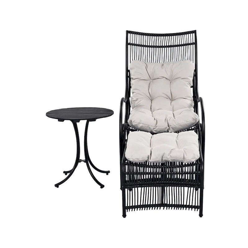 Roomfitters Ensemble de mobilier de patio en osier 3 pièces avec chaise longue, pouf et coussins pour jardin ou terrasse